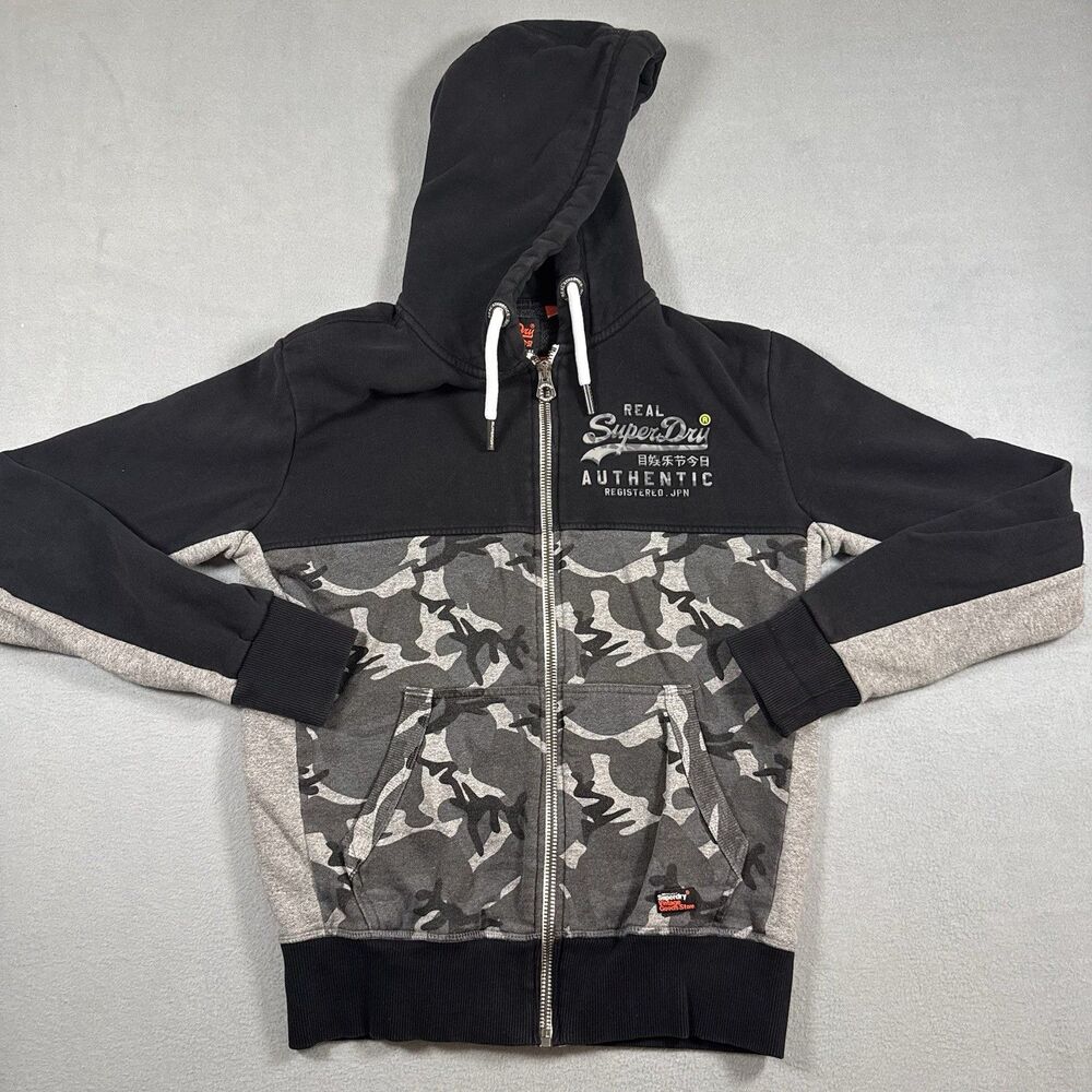 Superdry Mens Small Zip Up Hoodie Black Gray Camo Colorblock Heavyweight